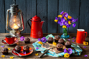 Still life, Coffee, Cup, Jug, Petals, Kerosene lamp HD wallpaper