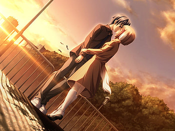 Kiss, sunlight, girl, dress, tree, pole, anime, boy, street, clouds, sky, sunset HD wallpaper