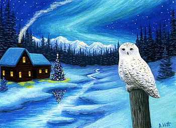 The Snowy Cabin, winter, firs, owl, tree, artwork, painting, snow, christmas, clouds, sky HD wallpaper