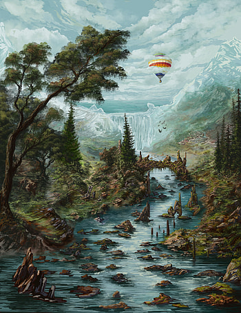 Art, Landscape, Waterfall, Balloon HD phone wallpaper