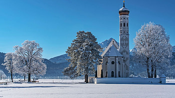Church Saint Coloman, Bavaria, snow, winter, landscape, trees, germany, alps, mountains HD wallpaper