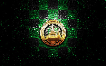 Maccabi Ahi Nazareth FC, glitter logo, Leumit League, green black checkered background, soccer, Israeli football club, Maccabi Ahi Nazareth logo, mosaic art, football, Maccabi Ahi Nazareth HD wallpaper