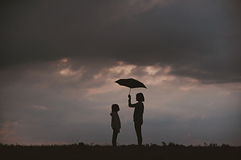 Sky, Dark, Silhouettes, Care, Umbrella, Child, Mother HD wallpaper