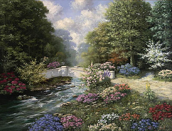 Bridge to Paradise, brook, grass, rocks, dirt road, blossoms, bridge, clouds, trees, flowers HD wallpaper