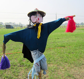 Scarecrow in the field, scarecrow, grass, ox cart, field HD wallpaper