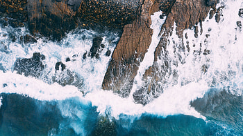 Collide, rocks and sea waves, aerial shot, nature HD wallpaper