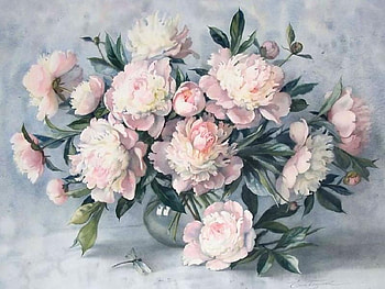 Pink Floral Bouquet, pink, leaves, painting, vase, dragonfly, glass, flowers, water HD wallpaper