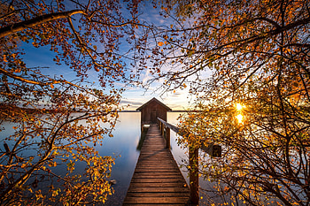 Fishing pond, House, Sunlight, Autumn, Trees, Clouds HD wallpaper