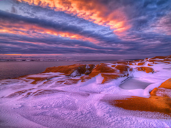 Winter by the sea, winter, sea, colorful, beach, shore, snow, clouds, nature, sky, ocean HD wallpaper