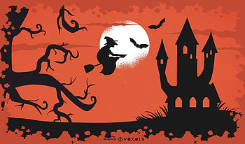 Halloween night, moon, luna, vexels, bat, orange, white, black, witch, halloween, vector, silhouette HD wallpaper