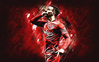 Mario Hermoso, Atletico Madrid, Spanish footballer, red stone background, La Liga, football, grunge art, Hermoso Atletico Madrid HD wallpaper