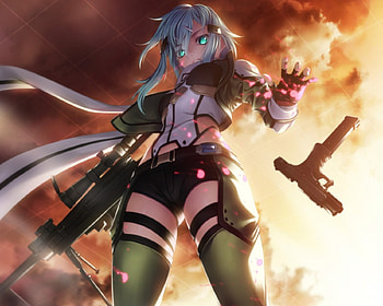 Sniper, asada shino, sword art online, ggo, cg, sinister, stand, cloud, female, sexy, hot, girl, up, anime girl, sao, anime, asada, shino asada, long hair, beauty, , gun, look, gun gale online, ng, scene, sinon, pistol, beautiful, armor, looking, weapon, green hair, sky, scarf HD wallpaper