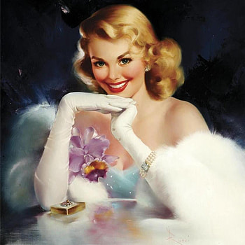 Ravishing Glyn, beautiful smile, diamond earrings, fur wrap, gloves, painting, diamond pearl bracelet, flower, blue dress, orchid, blonde hair, gold compact HD wallpaper