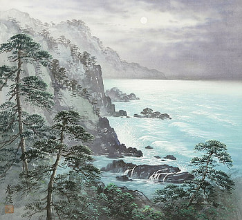 Ando Hiroshige art, blue, sea, art, ando hiroshige, watercolor, oriental, china, tree, painting, green, sky, water HD wallpaper