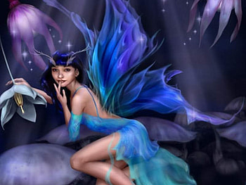 Blue nymph, blue, wings, flower, beautiful, girl, dress, rocks HD wallpaper