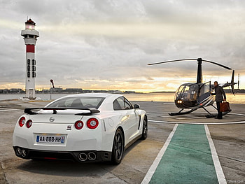 Nissan-GTR, airport, helecopter, white, person HD wallpaper