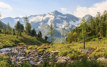 Mountains, nature, river, trees, landscape, rocks HD wallpaper