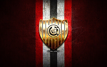 Chacarita Juniors FC, golden logo, Primera Nacional, red metal background, football, argentinian football club, Chacarita Juniors logo, soccer, Argentina, CA Chacarita Juniors HD wallpaper