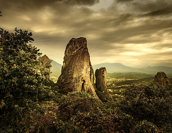 Meteora, cliffs, rocks, sunset, nature HD wallpaper