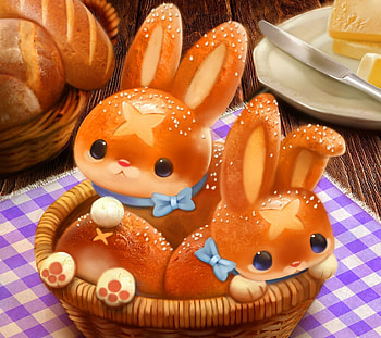 Hot Cross Bunny, sweet, basket, bunny, fantasy, cute, piper thibodeau, food, rabbit, orange HD wallpaper