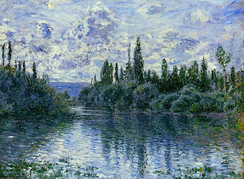 Arm of the Seine near Vetheuil, blue, art, tree, summer, painting, arm if the seine near vetheuil, pictura, green, luminos, water, impressionism, 1878, claude monet HD wallpaper