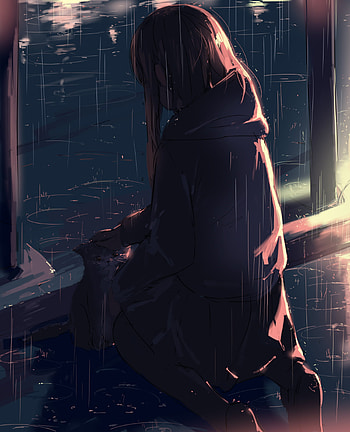 anime girl 4, sky, rain, art, blue, sad, Alone HD phone wallpaper