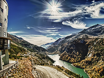 Nature, Rivers, Mountains, Sun, Shine, Light, Structure, Height, Color, Colors, View, Paints, Balcony HD wallpaper