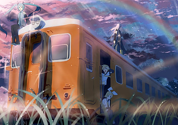 Vocaloid Train Rainbow, train, vocaloid, miku hatsune, anime, rin kagamine, rainbow, megurine luka, male, len kagamine, female HD wallpaper