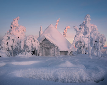 Winter, blue, white, pink, iarna, snow, house HD wallpaper