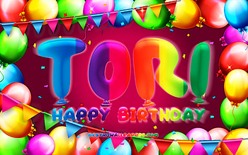 Happy Birtay Tori, , colorful balloon frame, Tori name, purple background, Tori Happy Birtay, Tori Birtay, popular american female names, Birtay concept, Tori HD wallpaper