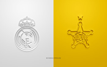 Real Madrid vs Sheriff Tiraspol, 2021, UEFA Champions League, Group D, 3D logos, white yellow background, Champions League, football match, 2021 Champions League, Real Madrid, Sheriff Tiraspol HD wallpaper