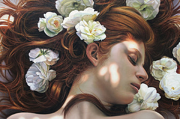 Peaceful, roses, white roses, red hair, sleeping, woman, female HD wallpaper