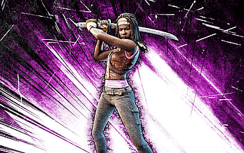 Michonne, grunge art, Fortnite Battle Royale, Fortnite characters, Michonne Skin, violet abstract rays, Fortnite, Michonne Fortnite HD wallpaper