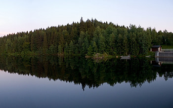 Nature, Lake, Reflection, Shore, Bank, Forest, Small House, Lodge, Triangle HD wallpaper
