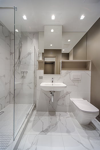 Minimalist bathroom with marble tiles, modern fixtures, and spacious design. HD phone wallpaper