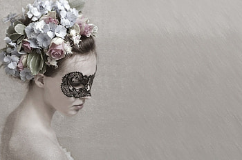 The Mask We Wear, wear, model, mask, flowers, woman HD wallpaper
