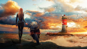 Girl With Bike Light House, artist, artwork, artstation HD wallpaper