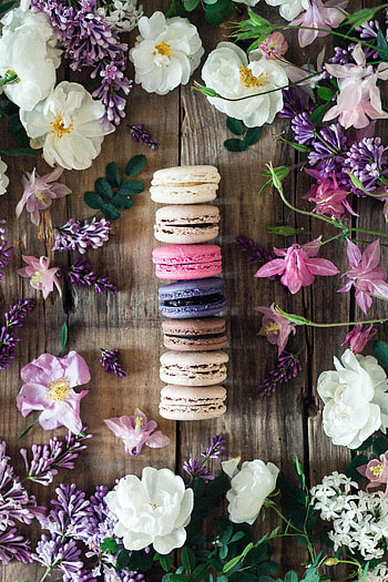 Flowers, Food, Leaves, Cookies, Multicolored, Motley, Macaroons, Makaroons HD phone wallpaper