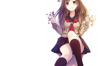 I am happy, school uniform, long hair, nice, butterflies, greeneyes, female, skirt, sweet, schoolgirl, smile, girl, anime girl, anime, pretty, lights, cool, brown hair, blush HD wallpaper