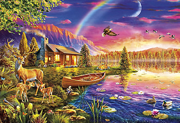 Lakeside Cabin, artwork, river, boat, eagle, rainbow, deer, sky, cabin, painting HD wallpaper
