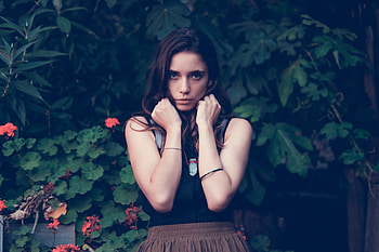Shy, brunette, beautiful, girl model, outdoor HD wallpaper