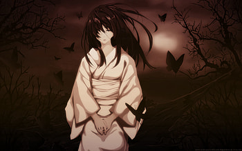 Anime, Butterflies, Night, Sadness, Girl, Kimono, Sorrow, Brunette, Wind HD wallpaper