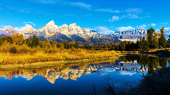 A Teton Range reflection in Schwabachers Landing, Wyoming, tetons, reflection, landscape, trees, clouds, sky, water, mountains, usa HD wallpaper
