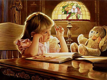 The Lesson, chair, little girl, table, lamp, lesson, books, teddy bear, painting, pencil HD wallpaper