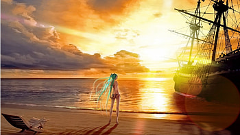 Sunset Mirage, Shipwreck, Bikini, sand, Hatsune Miku, Sea, Miku, Ocean, Lake, clouds, Beach, Pirate, Hatsune, sunset HD wallpaper