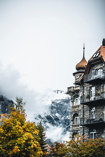 Nature, Trees, Clouds, Building, Mountain HD phone wallpaper