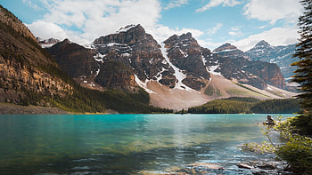 Moraine Lake, Alberta, clouds, sky, canada, water, mountains, rocks, reflections HD wallpaper