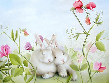Cuddle Bunnies, bunnies, bunny, art, cuddle, white bunny, nature, flowers HD wallpaper