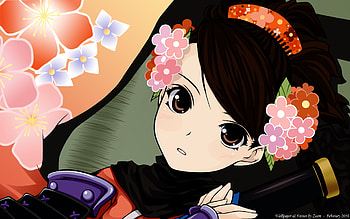 Momohime, brown eyes, cute, girl, muramasa oboro, anime, brown hair, vector, flowers HD wallpaper