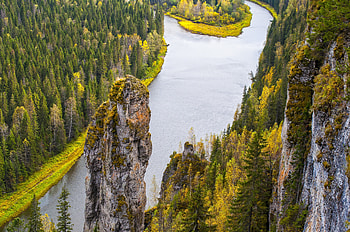 Cliffs, forest, river, aerial view HD wallpaper